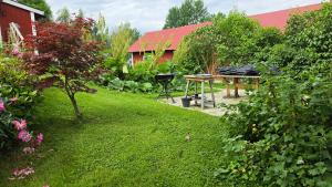 a garden with a barbecue grill in the grass at Kolmårdstorpet Blomsätter in Kolmården