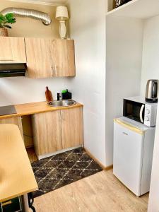 a small kitchen with a sink and a refrigerator at Väikekorter in Pärnu