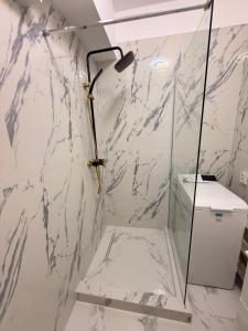 a white bathroom with a shower with a microphone at Miry Apartment in Târgu Neamț +14 photos