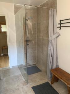 a shower with a glass door in a bathroom at Fewo Fernblick in Much