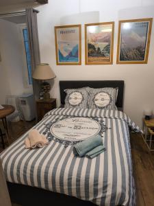 a bedroom with a bed with a blue and white comforter at Studio RUBIS Quartier du Château in Pau