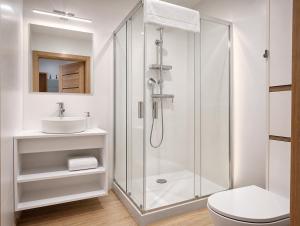 a bathroom with a shower and a toilet and a sink at Śpij w Kudowie Apartament i pokoje gościnne in Kudowa-Zdrój +32 photos