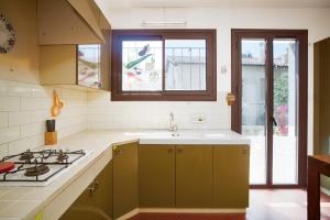a kitchen with green cabinets and a sink and a stove at Maison Serra - Jacuzzi, Sauna in Collioure +16 photos