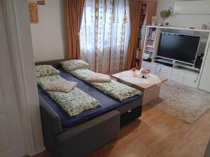 a living room with a couch and a tv at Gabriel's Home in Stavanger