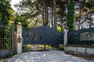 an imposing blue gates with trees in the background at Casa dei Pavoni in Monte Gallo +14 photos