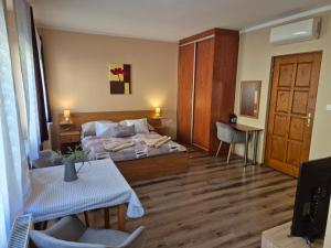 a hotel room with a bed and a table and chairs at Diófa Vendégház in Eger