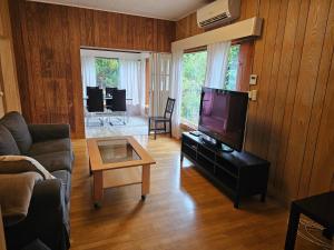 a living room with a couch and a flat screen tv at Sandmo Holiday Home 11 in Eckerö
