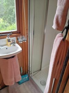 a bathroom with a sink and a shower with towels at 'Morris' the shepherd's hut ,woodland hot tub available, separate fee in Carmarthen