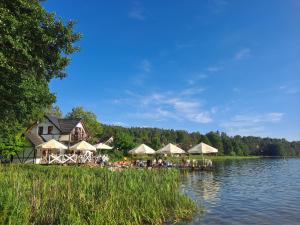 a group of tables and umbrellas next to a lake at Chatka Puchatka in Gołubie