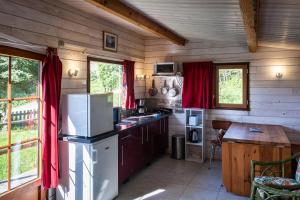 a kitchen with a refrigerator and a table in a room at chalet 2 personnes in Mialanes +8 photos