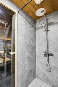 a shower with a shower head in a bathroom at Villa Winter - Valkea Homes in Pyhätunturi +20 photos