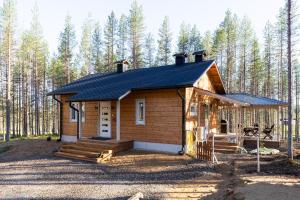 a small cabin in the middle of a forest at Villa Winter - Valkea Homes in Pyhätunturi