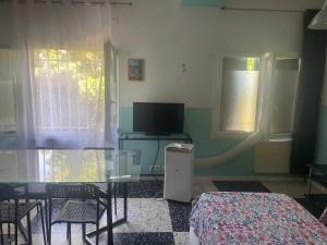 a bedroom with a bed and a tv and a table at Appartement Mimosa, climatisation, tram 2, parking in Montpellier