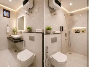 two pictures of a bathroom with a toilet and a sink at Hotel Marina Premium Near IGI Airport Delhi in New Delhi