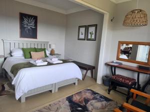 a bedroom with a bed and a desk and a mirror at Motubane Guest Farm in Madeteleli +63 photos