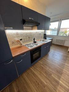 a kitchen with blue cabinets and a sink at Apartmán Volary in Volary