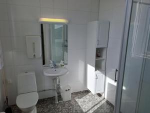 a white bathroom with a toilet and a sink at Porsangerfjorden Lodge in Børselv +36 photos