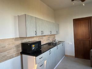 a kitchen with a microwave and a tv on a counter at Sargis guest house in Ushi