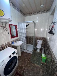 a bathroom with a washing machine and a toilet at Fazenda guest house in Oktyabrʼskoye