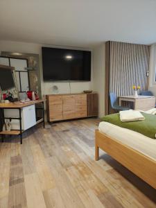 a bedroom with a large flat screen tv and a bed at O&D Guest Room in Flurlingen