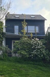 a blue house with a balcony and some bushes at Etappenziel in Rengsdorf +4 photos