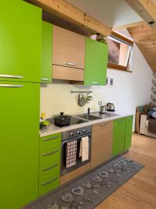 a kitchen with green cabinets and a stove at Casa Seler - Appartamento verde in Predazzo
