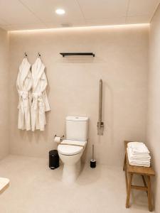 a bathroom with a toilet and towels hanging on the wall at Zarú Hotel Boutique in Mocejón +23 photos