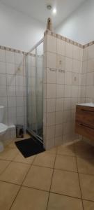 a bathroom with a glass shower and a toilet at Agroturystyka Magnolia in Cieszyno