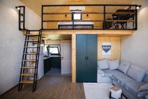 a loft bed in a tiny house with a couch at Sharden House in Mestia +16 photos