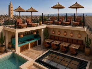 a rooftop patio with a pool and tables and chairs at Riad Sesame in Marrakesh