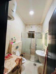 a bathroom with a shower and a toilet and a sink at شقة أنيقة-غرفتين وصالة مع بلكونة Stylish 2-Bedroom Apartment with Balcony in Amman