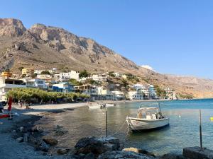 a boat sitting in the water on a beach at Villa Asterousia with Private Night Spa, BBQ & Lounge in Stérnai