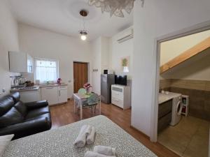 a kitchen and living room with a couch and a table at Charming studio apartment with parquet in Altamura +9 photos