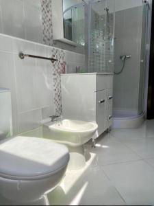 a white bathroom with a toilet and a sink at Vila Rin in Mangalia +24 photos