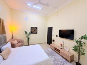 a bedroom with a large bed and a flat screen tv at Modern Studios Apartments in Juffair and Exhibition in Manama