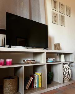 a flat screen tv sitting on top of a book shelf at Almyra Seaside Apartments in Elia Laconias