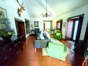 a living room with a blue couch and green chairs at Casa das Feitorias Douro Valley in Baião