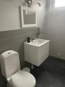 a white bathroom with a toilet and a sink at Källarlägenhet Stenungsund in Stenungsund +8 photos