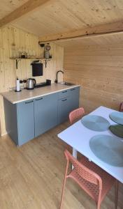 a kitchen with a table and some chairs in a room at Kempings Roja in Roja