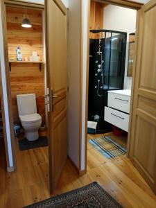 a bathroom with a toilet and a shower at Gîte l'appel de la Forêt in Betplan +13 photos