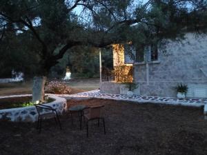 a group of chairs and a table under a tree at Helios Beach House in Mikros Gialos