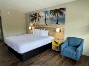a hotel room with a bed and a blue chair at Days Inn by Wyndham Gainesville Hospital - University Area in Gainesville