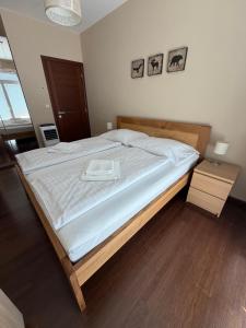 a bedroom with a large bed with white sheets at Moser Apartment Carlsbad in Karlovy Vary