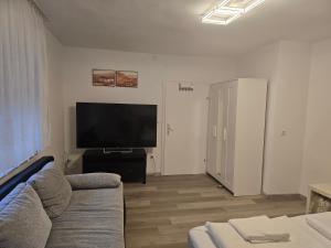 a living room with a couch and a flat screen tv at Green House in Haibach