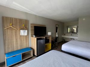 a hotel room with a bed and a desk with a television at Days Inn by Wyndham Gainesville Hospital - University Area in Gainesville