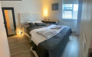a bedroom with a large bed and a mirror at Friggjarbrunnur shared home in Reykjavík