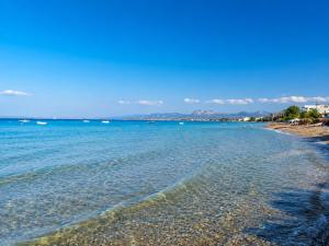 a beach with blue water and mountains in the background at MARGIANNA APARTMENTs Seaside Studio in Káto Ássos