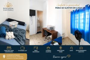two pictures of a room with a bed and a desk at Apartamentos-8-3-6 - Pousada Itapetininga in Itapetininga +12 photos