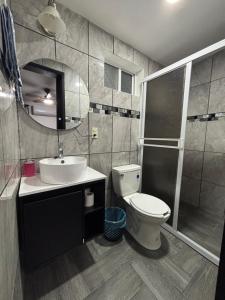 a bathroom with a toilet and a sink and a shower at Tiny House Molino Alto in Ciudad Fernández +10 photos