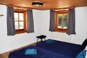 a bedroom with two beds and two windows at Mountain Lodge Stubai in Neustift im Stubaital